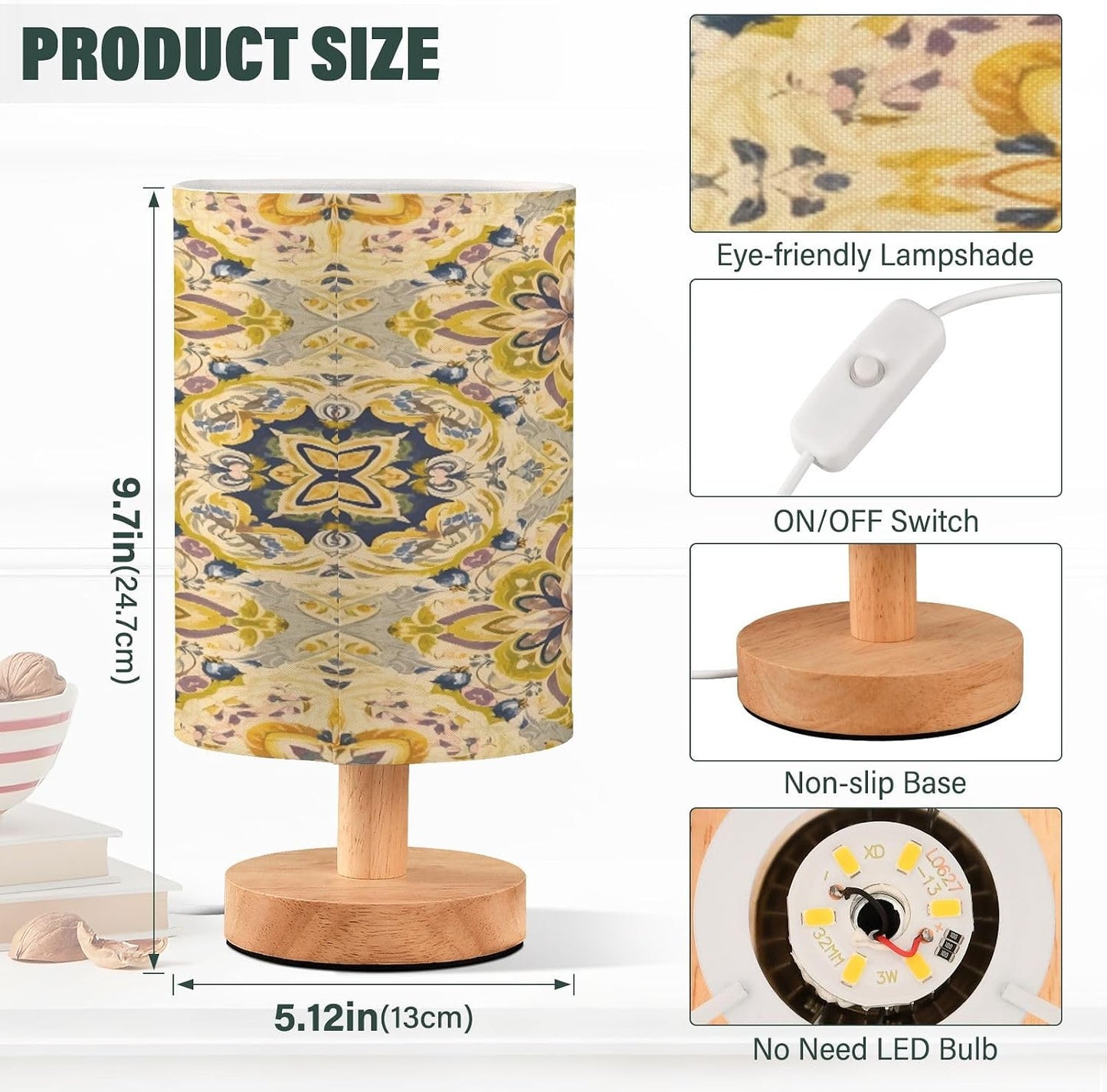 Yellow Tile Bedside Table Lamp for Bedroom LED Nightstand Lamp with Wood Base & USB Port Linen Shade Desk Light for Nursery Decor