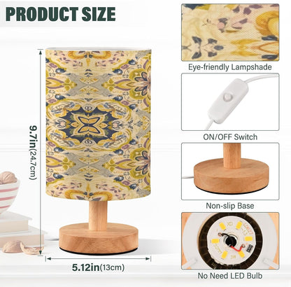 Yellow Tile Bedside Table Lamp for Bedroom LED Nightstand Lamp with Wood Base & USB Port Linen Shade Desk Light for Nursery Decor
