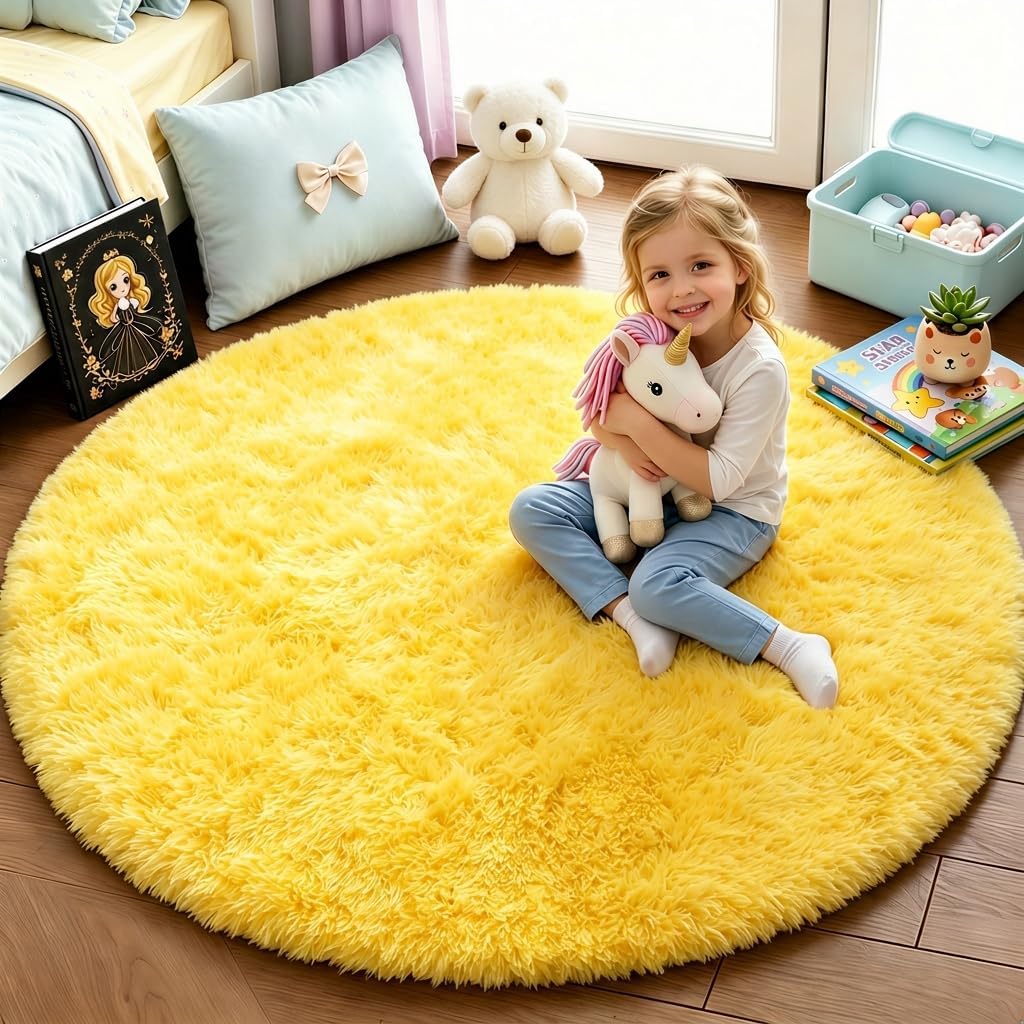 Yellow Round Rug 4Ft, Fluffy Carpets for Bedroom Girls,Cute Rug for Girls Room,Fuzzy Rug for Playroom,Circle Rugs for Kids Room,Shag Furry Carpet Rugs for Reading Nook, Baby Room