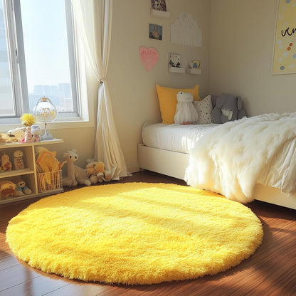 Yellow Round Rug 4Ft, Fluffy Carpets for Bedroom Girls,Cute Rug for Girls Room,Fuzzy Rug for Playroom,Circle Rugs for Kids Room,Shag Furry Carpet Rugs for Reading Nook, Baby Room