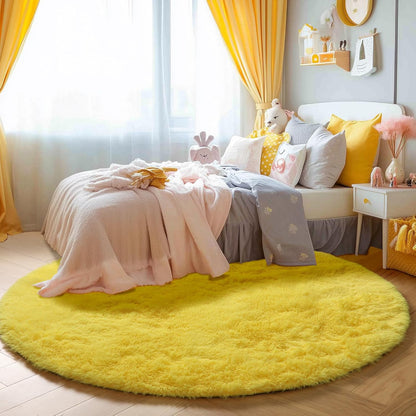 Yellow Round Rug 4Ft, Fluffy Carpets for Bedroom Girls,Cute Rug for Girls Room,Fuzzy Rug for Playroom,Circle Rugs for Kids Room,Shag Furry Carpet Rugs for Reading Nook, Baby Room