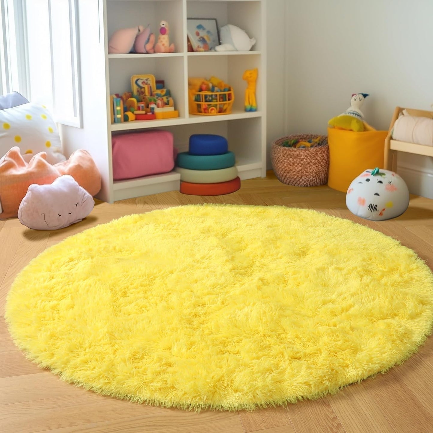 Yellow Round Rug 4Ft, Fluffy Carpets for Bedroom Girls,Cute Rug for Girls Room,Fuzzy Rug for Playroom,Circle Rugs for Kids Room,Shag Furry Carpet Rugs for Reading Nook, Baby Room