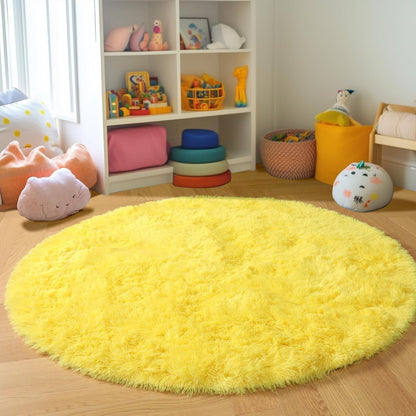 Yellow Round Rug 4Ft, Fluffy Carpets for Bedroom Girls,Cute Rug for Girls Room,Fuzzy Rug for Playroom,Circle Rugs for Kids Room,Shag Furry Carpet Rugs for Reading Nook, Baby Room
