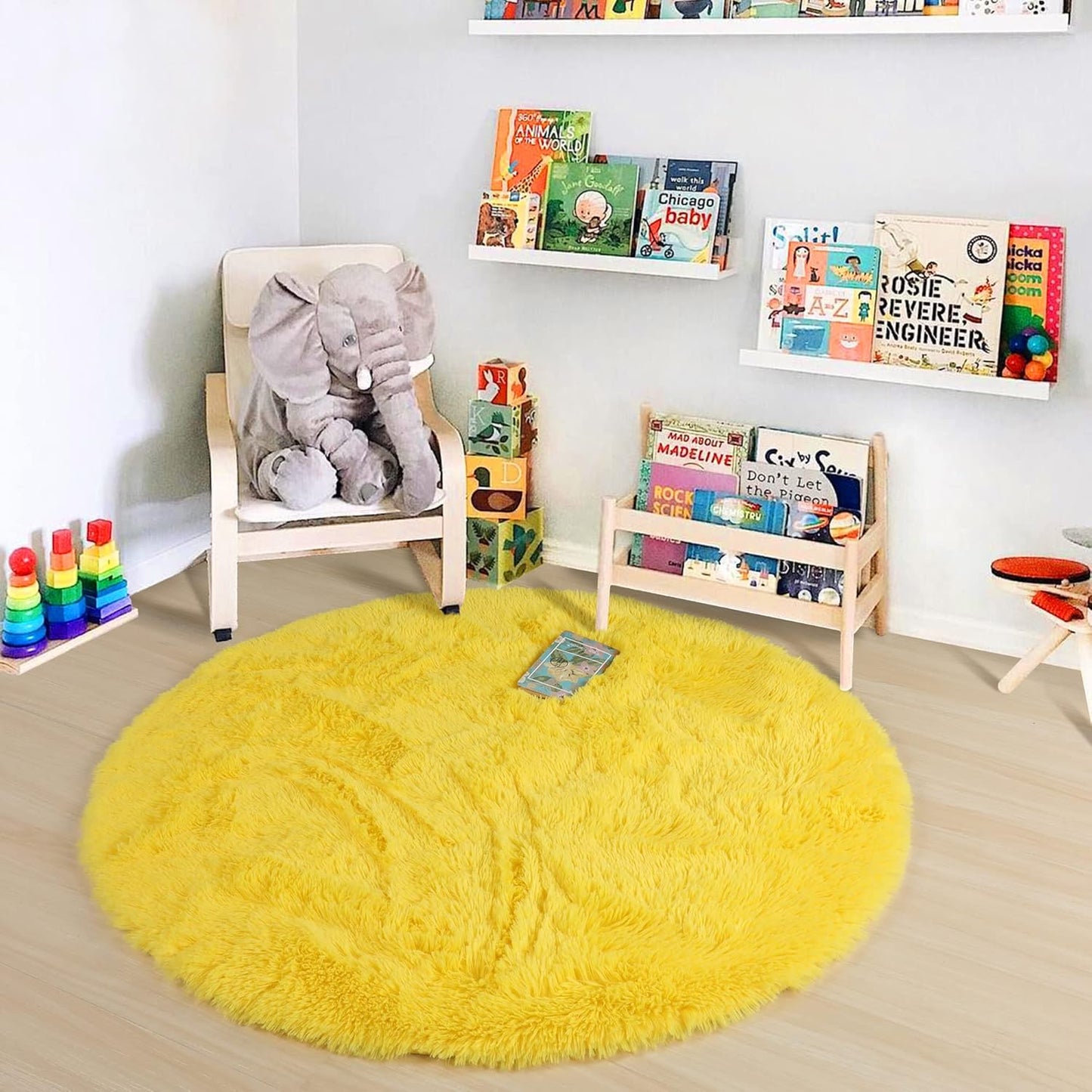 Yellow Round Rug 4Ft, Fluffy Carpets for Bedroom Girls,Cute Rug for Girls Room,Fuzzy Rug for Playroom,Circle Rugs for Kids Room,Shag Furry Carpet Rugs for Reading Nook, Baby Room