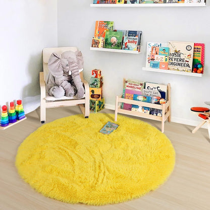 Yellow Round Rug 4Ft, Fluffy Carpets for Bedroom Girls,Cute Rug for Girls Room,Fuzzy Rug for Playroom,Circle Rugs for Kids Room,Shag Furry Carpet Rugs for Reading Nook, Baby Room