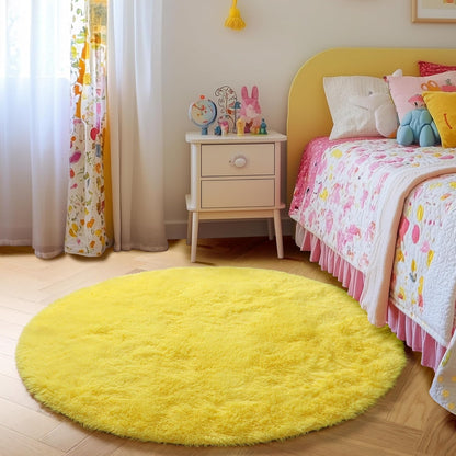 Yellow Round Rug 4Ft, Fluffy Carpets for Bedroom Girls,Cute Rug for Girls Room,Fuzzy Rug for Playroom,Circle Rugs for Kids Room,Shag Furry Carpet Rugs for Reading Nook, Baby Room