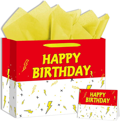 Large Cartooon Birthday Gift Bag with Tissue Paper and Greeting Card Red Yellow Birthday Party Favor Bags Kids Birthday Party Supplies