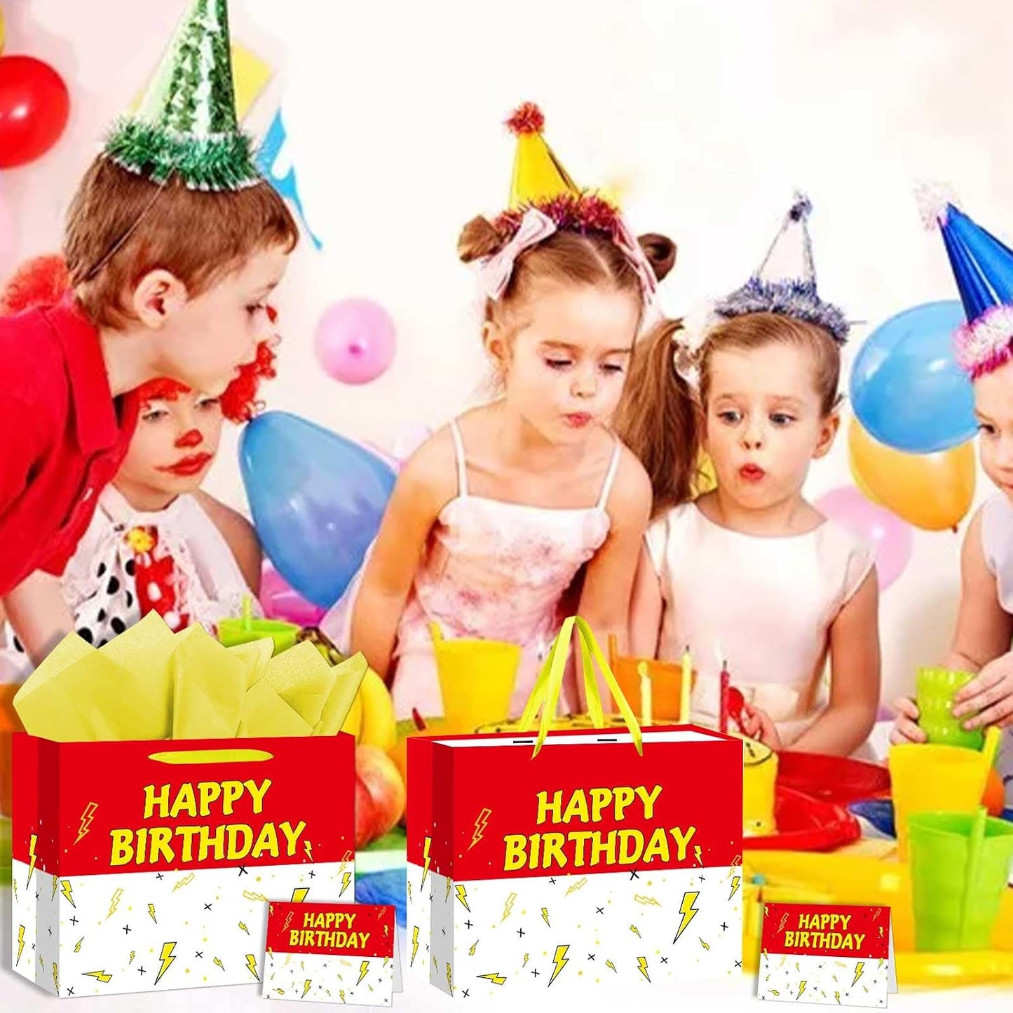 Large Cartooon Birthday Gift Bag with Tissue Paper and Greeting Card Red Yellow Birthday Party Favor Bags Kids Birthday Party Supplies
