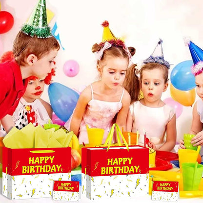 Large Cartooon Birthday Gift Bag with Tissue Paper and Greeting Card Red Yellow Birthday Party Favor Bags Kids Birthday Party Supplies