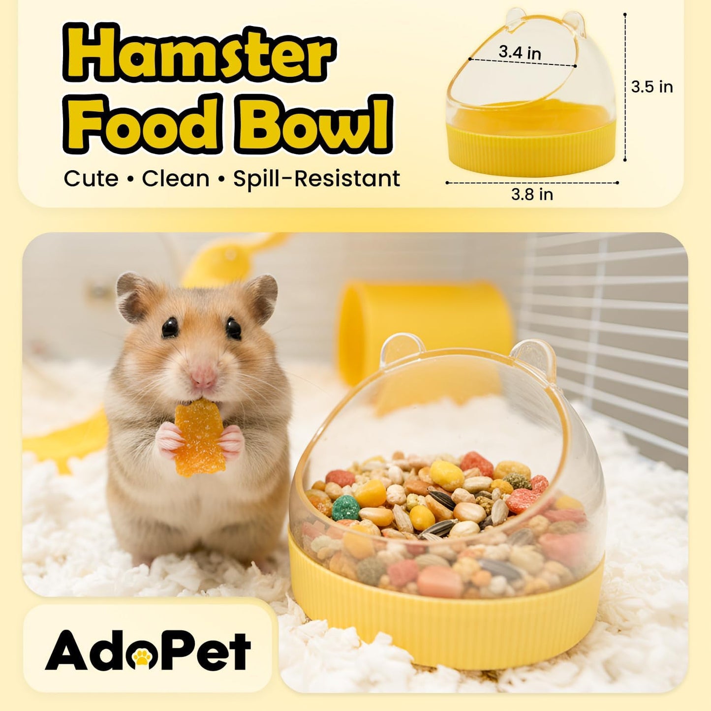 Cute Hamster Food Bowl Brown, Spill Resistant Dome Pet Feeding Dish for Small Animals, Easy Clean Durable Bowl (Yellow)