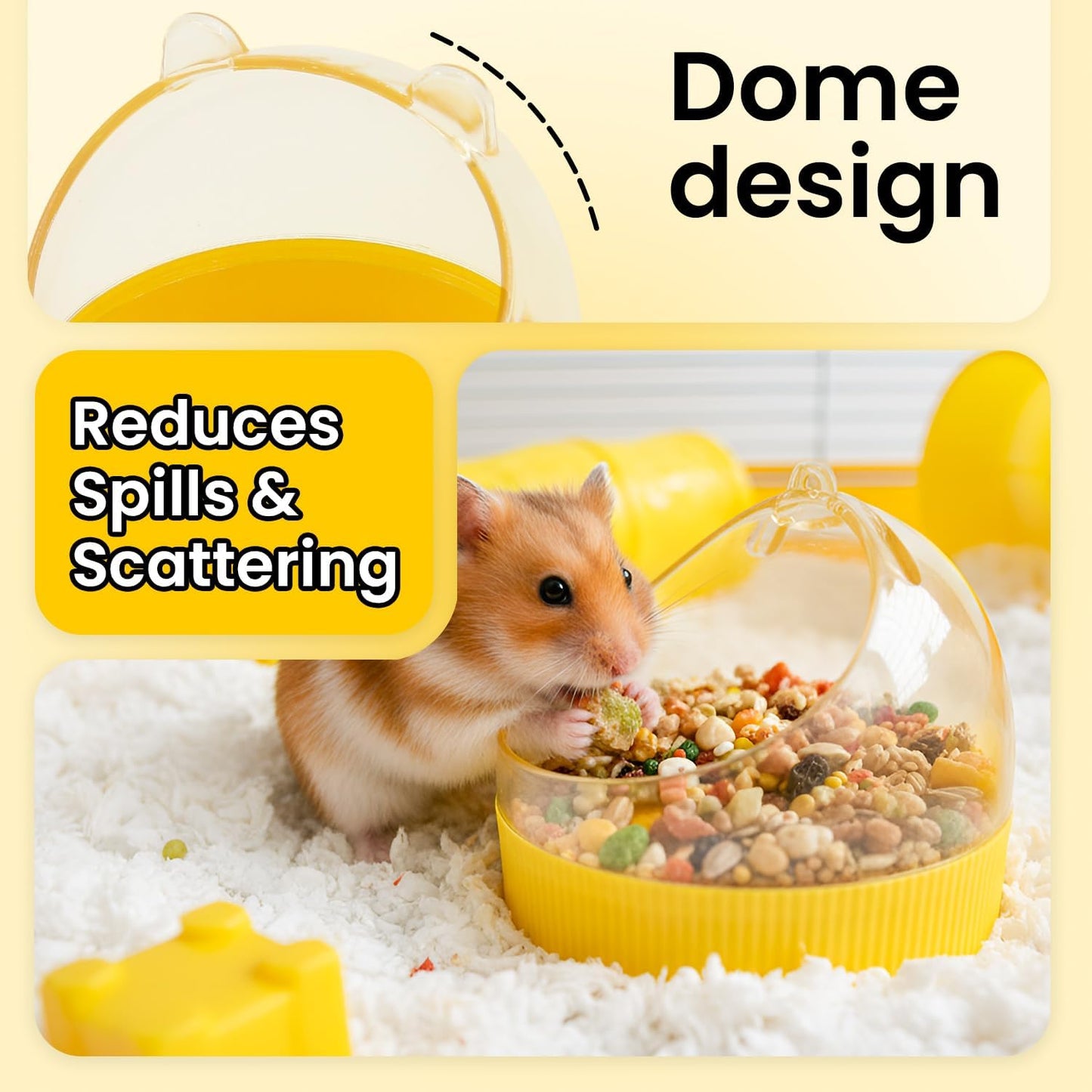 Cute Hamster Food Bowl Brown, Spill Resistant Dome Pet Feeding Dish for Small Animals, Easy Clean Durable Bowl (Yellow)