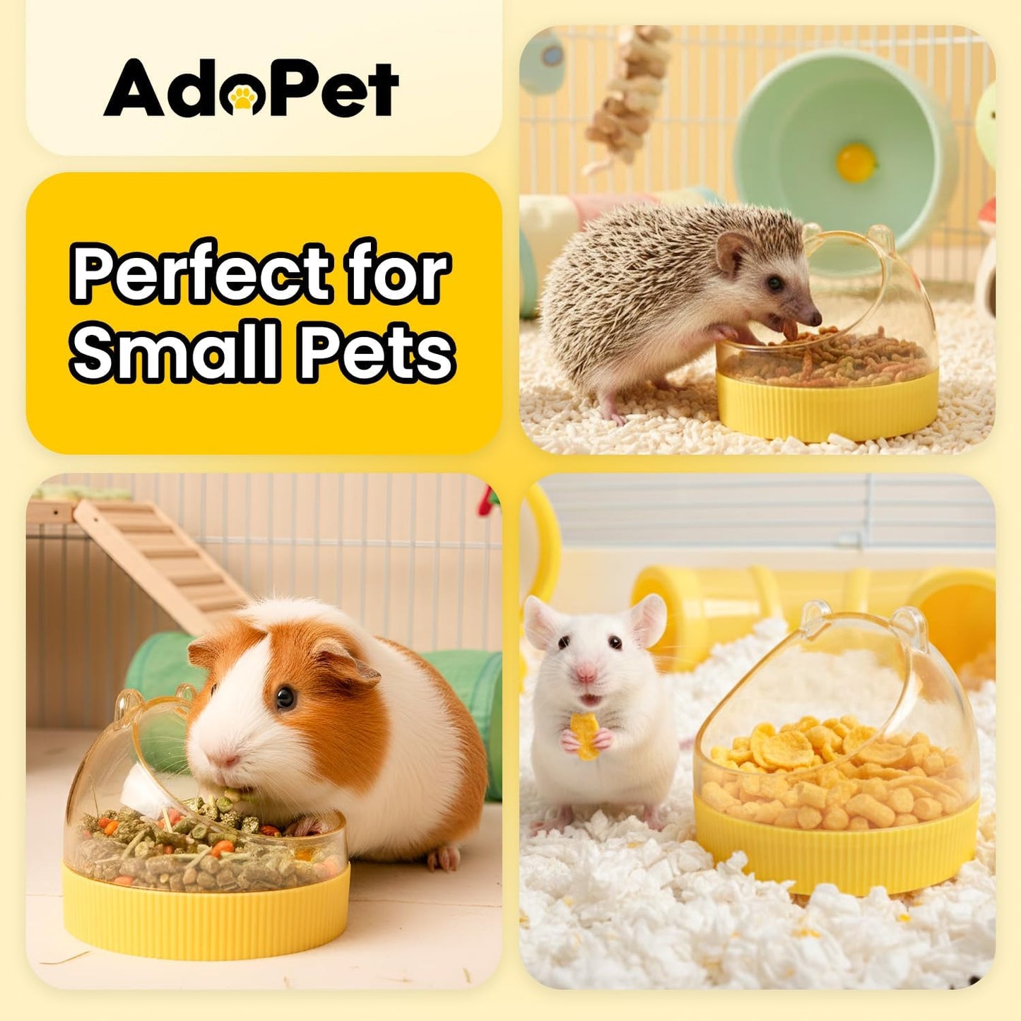 Cute Hamster Food Bowl Brown, Spill Resistant Dome Pet Feeding Dish for Small Animals, Easy Clean Durable Bowl (Yellow)
