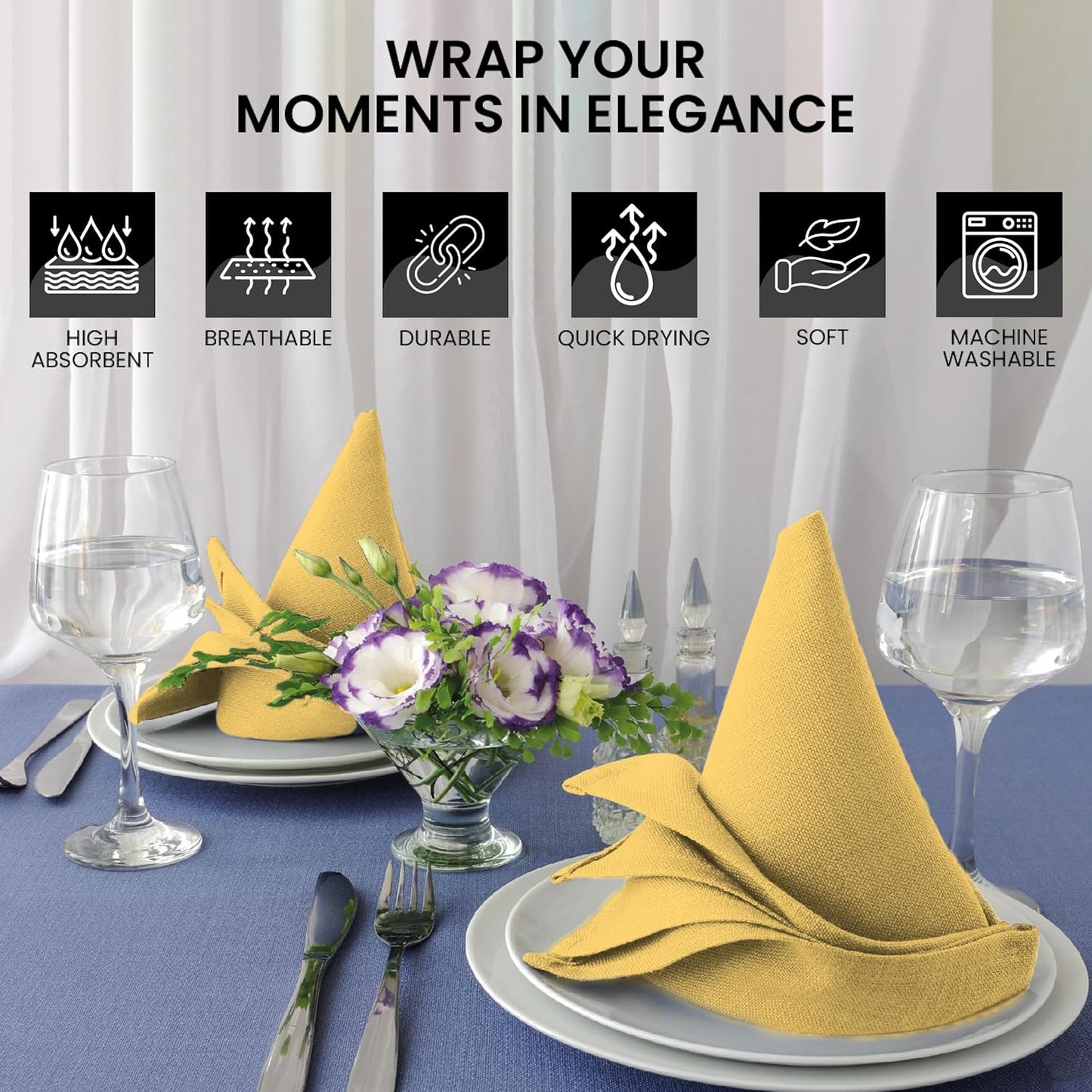 Cloth Napkins Set of 12 100% Cotton Everyday Reusable Square Napkins Cloth Washable, Dinner, Party, Wedding, Restaurant, Kitchen, Hotel (Summer Yellow, 20" X 20")
