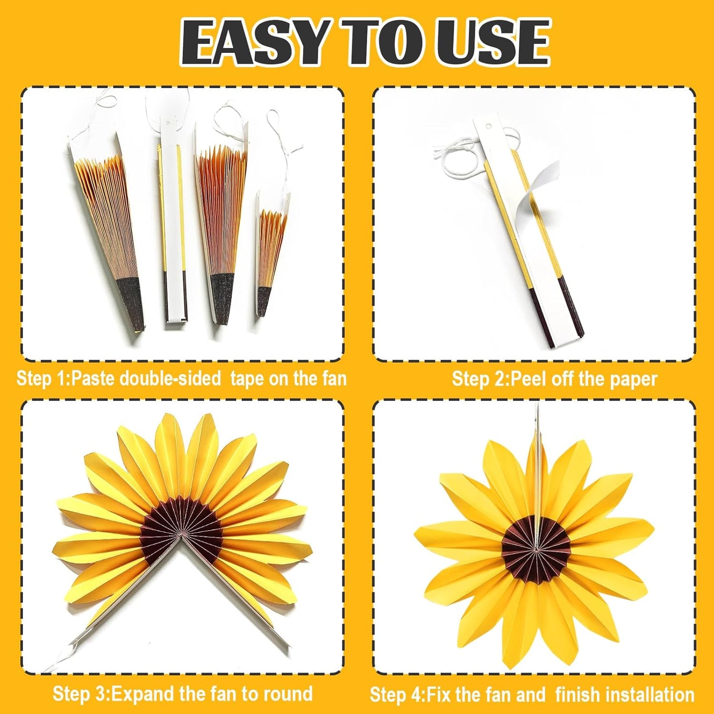 9 Pcs Sunflower Paper Fans, Sunflower Birthday Party Baby Shower Decoration Yellow Flower Wall Fan Decor for Bulletin Board Classroom