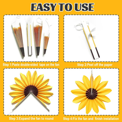 9 Pcs Sunflower Paper Fans, Sunflower Birthday Party Baby Shower Decoration Yellow Flower Wall Fan Decor for Bulletin Board Classroom