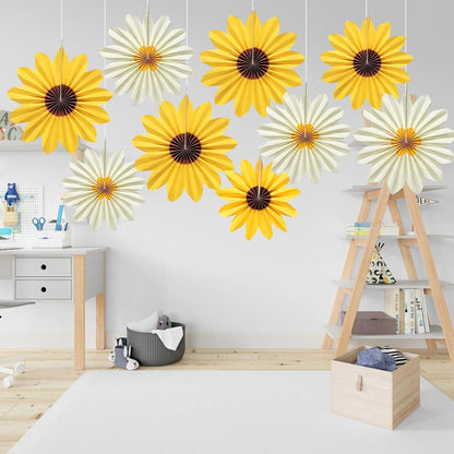 9 Pcs Sunflower Paper Fans, Sunflower Birthday Party Baby Shower Decoration Yellow Flower Wall Fan Decor for Bulletin Board Classroom