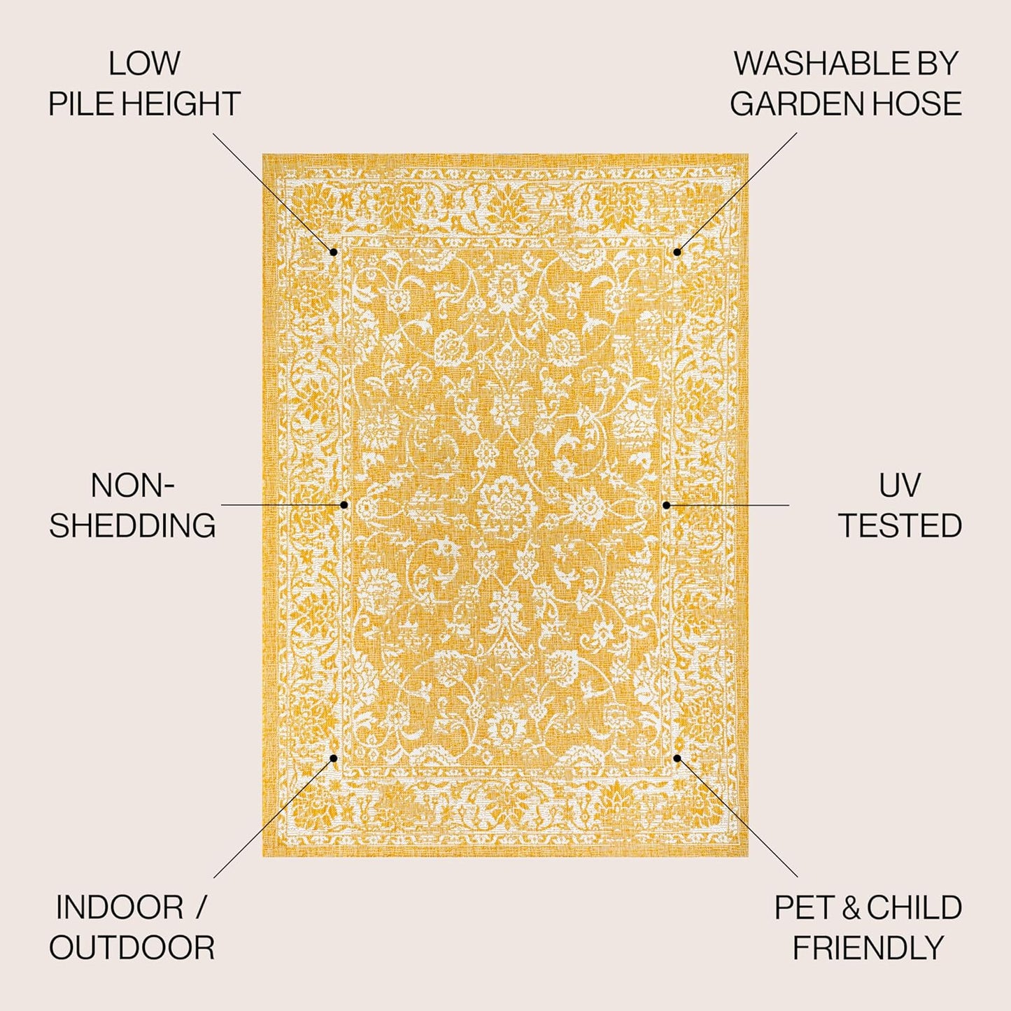 Weave Floral Indoor Outdoor Area Rug 4X6 Yellow/Cream, Tela Bohemian Textured for Backyard, Patio, Porch, Easy-Cleaning, High Traffic, Pet-Friendly, Non-Shedding (SMB100E-4)