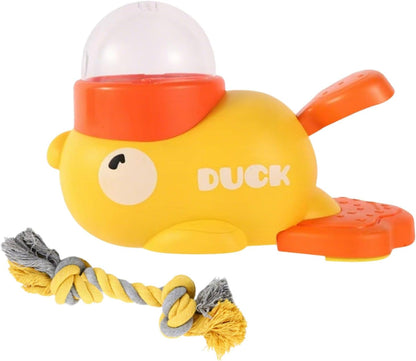 Interactive Duck Dog Treat Dispenser Toy – Slow Feeder Puzzle for Dogs with Bonus Chew Rope Toy, Tail Press Food Dispenser, Fun Training & Enrichment Feeder, Easy to Clean (Yellow)