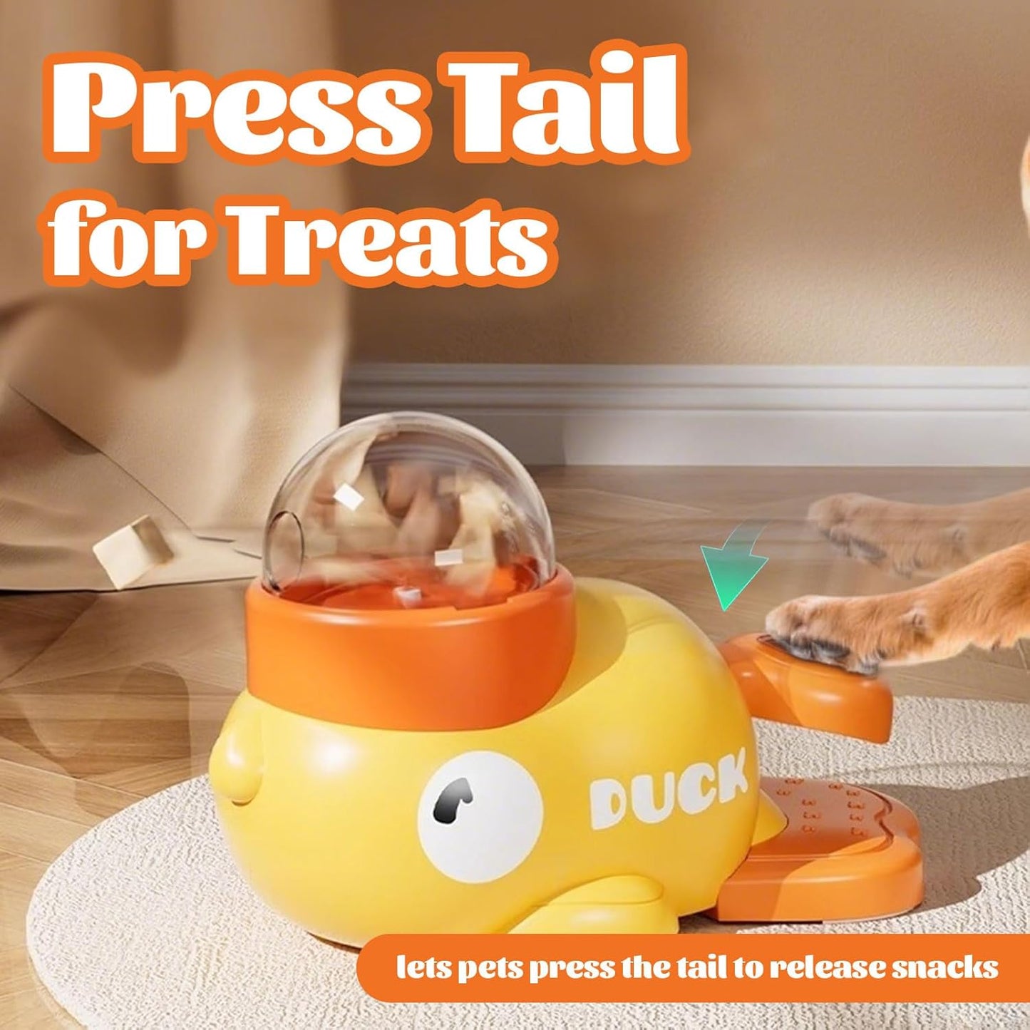 Interactive Duck Dog Treat Dispenser Toy – Slow Feeder Puzzle for Dogs with Bonus Chew Rope Toy, Tail Press Food Dispenser, Fun Training & Enrichment Feeder, Easy to Clean (Yellow)