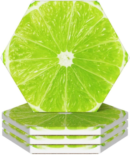 Green Lime Lemon Coasters for Drinks Set of 4, Funny Fruit Ceramic Coasters with Cork Base Absorbent for Dining Tables Restaurants Cafes Home Decor,Housewarming Gift,Hexagon