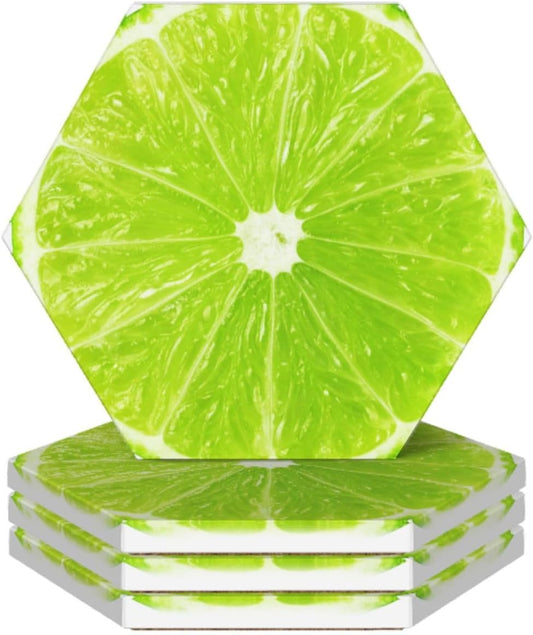 Green Lime Lemon Coasters for Drinks Set of 4, Funny Fruit Ceramic Coasters with Cork Base Absorbent for Dining Tables Restaurants Cafes Home Decor,Housewarming Gift,Hexagon