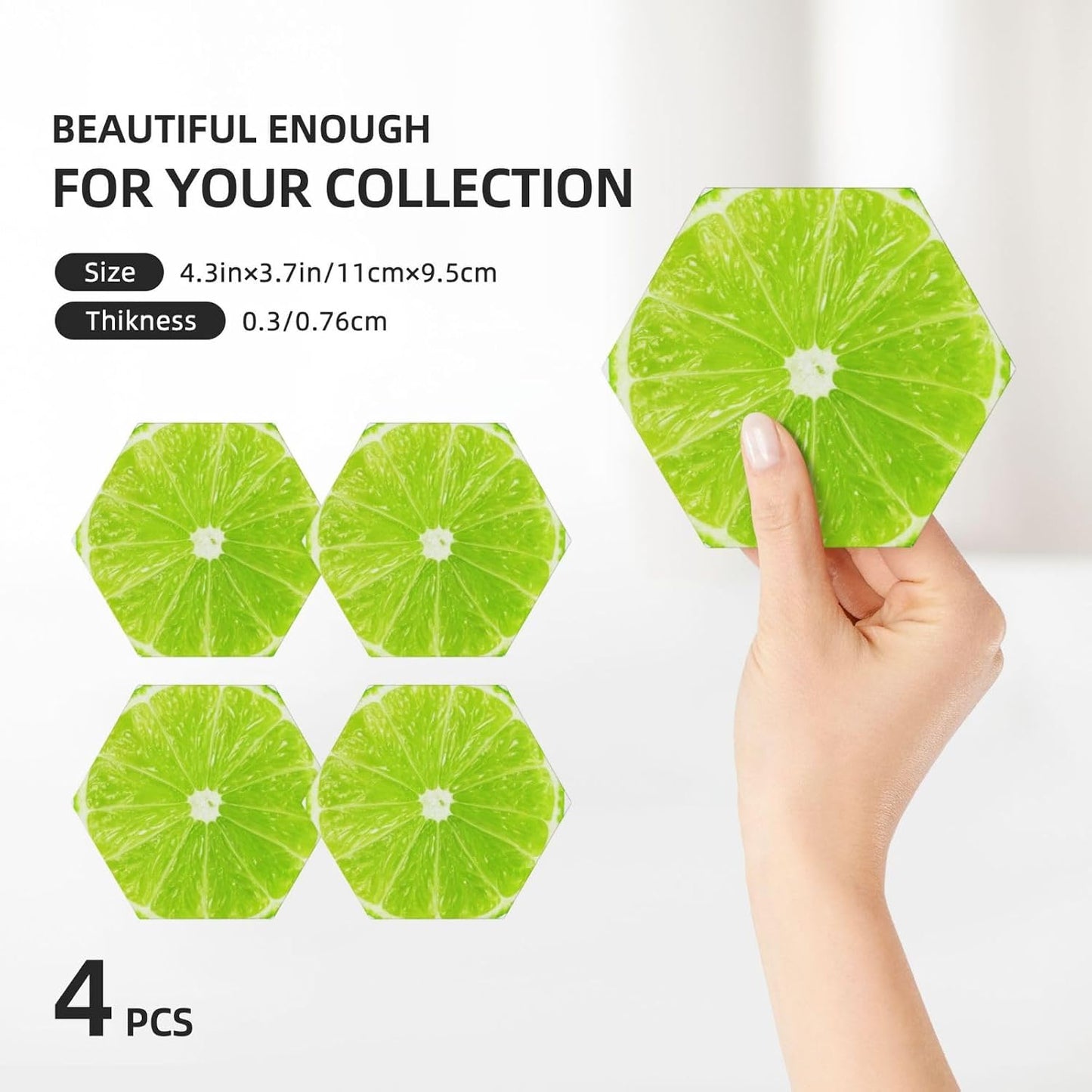 Green Lime Lemon Coasters for Drinks Set of 4, Funny Fruit Ceramic Coasters with Cork Base Absorbent for Dining Tables Restaurants Cafes Home Decor,Housewarming Gift,Hexagon
