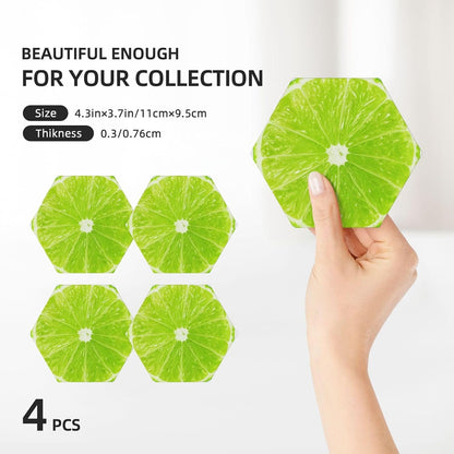 Green Lime Lemon Coasters for Drinks Set of 4, Funny Fruit Ceramic Coasters with Cork Base Absorbent for Dining Tables Restaurants Cafes Home Decor,Housewarming Gift,Hexagon