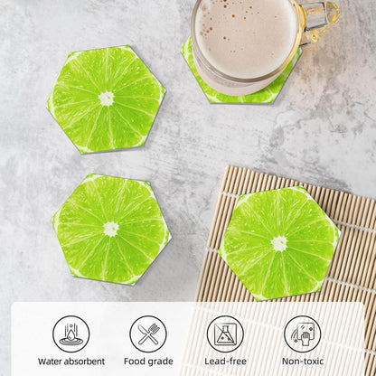 Green Lime Lemon Coasters for Drinks Set of 4, Funny Fruit Ceramic Coasters with Cork Base Absorbent for Dining Tables Restaurants Cafes Home Decor,Housewarming Gift,Hexagon