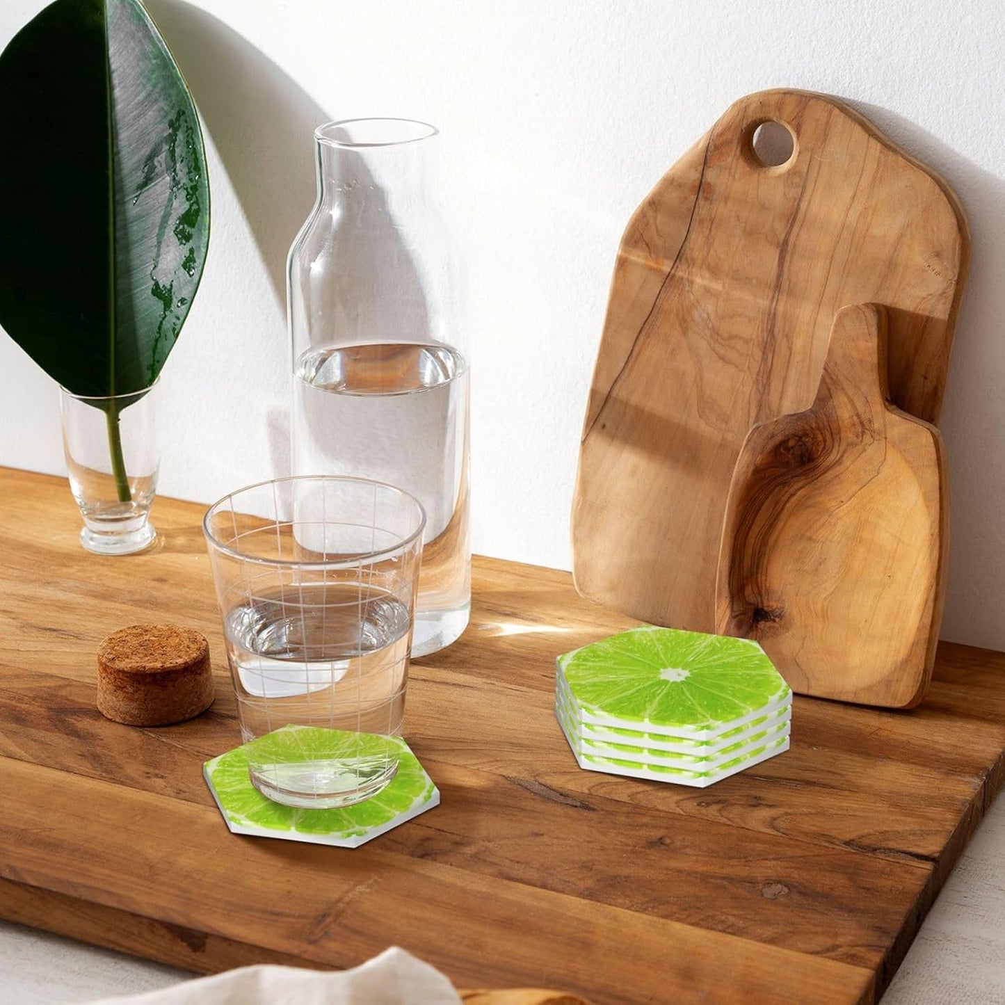 Green Lime Lemon Coasters for Drinks Set of 4, Funny Fruit Ceramic Coasters with Cork Base Absorbent for Dining Tables Restaurants Cafes Home Decor,Housewarming Gift,Hexagon