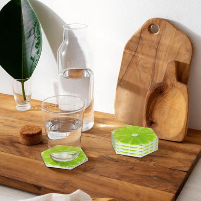 Green Lime Lemon Coasters for Drinks Set of 4, Funny Fruit Ceramic Coasters with Cork Base Absorbent for Dining Tables Restaurants Cafes Home Decor,Housewarming Gift,Hexagon