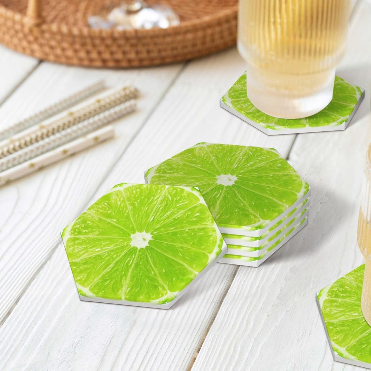 Green Lime Lemon Coasters for Drinks Set of 4, Funny Fruit Ceramic Coasters with Cork Base Absorbent for Dining Tables Restaurants Cafes Home Decor,Housewarming Gift,Hexagon