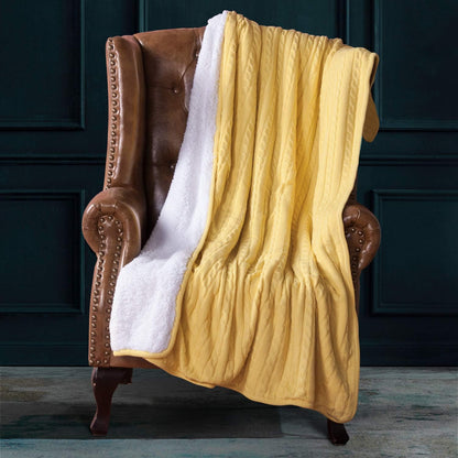 Cotton Oversize Cable Knit Sherpa Twin Blanket for Couch (60"x80"), Soft Warm Knitted Throw for Bed, Sofa, Chair, Yellow