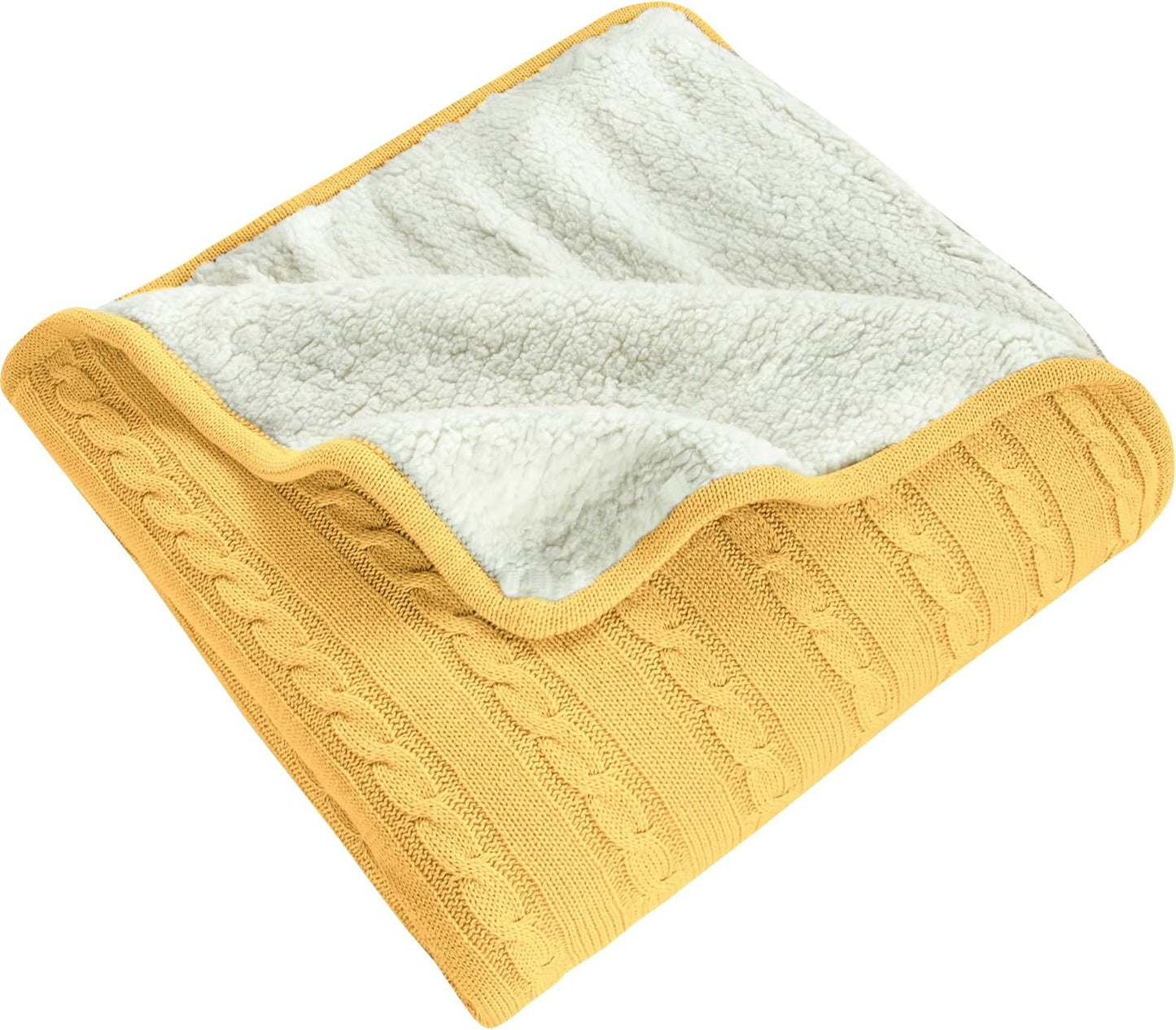 Cotton Oversize Cable Knit Sherpa Twin Blanket for Couch (60"x80"), Soft Warm Knitted Throw for Bed, Sofa, Chair, Yellow