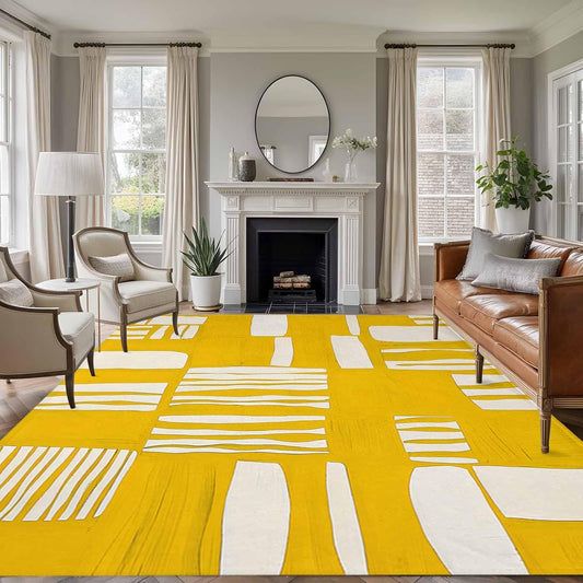 Minimalist Art Line 5'x7' Area Rugs, Yellow Linear Abstract Composition Washable Area Rugs Non-Slip Indoor Floor Mats Carpet for Living Room Bedroom Dining Room