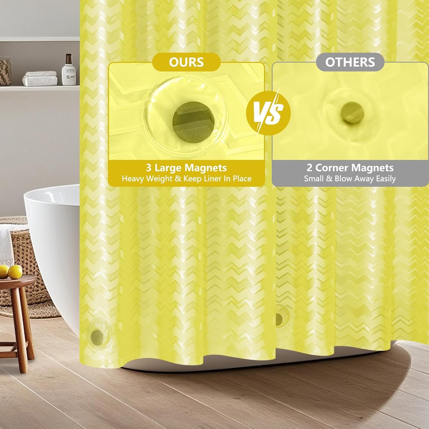 Waterproof PEVA Shower Curtain Yellow Striped, 3D Frosted Shower Curtain Liner with 3 Large Magnets, Bathroom Translucent Plastic Shower Curtain with Water Ripple Pattern