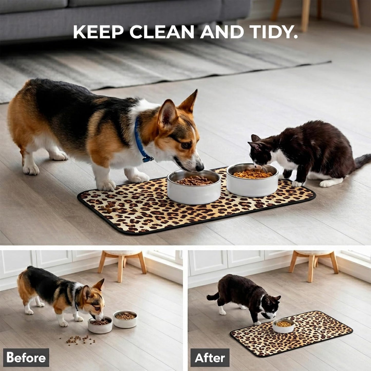 Leopard Print Cat Litter Mat 24x18, Yellow Spotted Leopard Print Kitty Litter Box mat for Cat Machine Washable Easy Clean Soft Non-Slip Pet Food Mats for Floor Rug