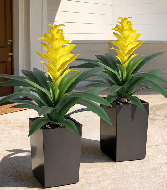 Faux Flowers for Outdoor Planters, 16.93" Bromeliad UV Resistant Fake Tropical Plants Realistic Artificial Flowers Outdoor Greenery for Front Porch Patio Yard Garden Planter Decor (Set of 2)