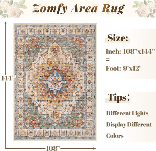 Area Rug 9x12 Vintage Rug: Large Washable Indoor Medallion Rugs Low Pile Distressed Floor Carpet Retro Accent Rug for Living Room Bedroom Kitchen Dining Table Home Office(Green/Yellow, 9'x12')
