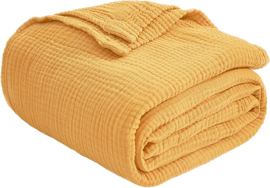 Cotton Muslin Queen Blanket Bed Layering Bedspread Coverlet Breathable Gauze Soft Lightweight Adults (Heather Yellow, 90"x90")