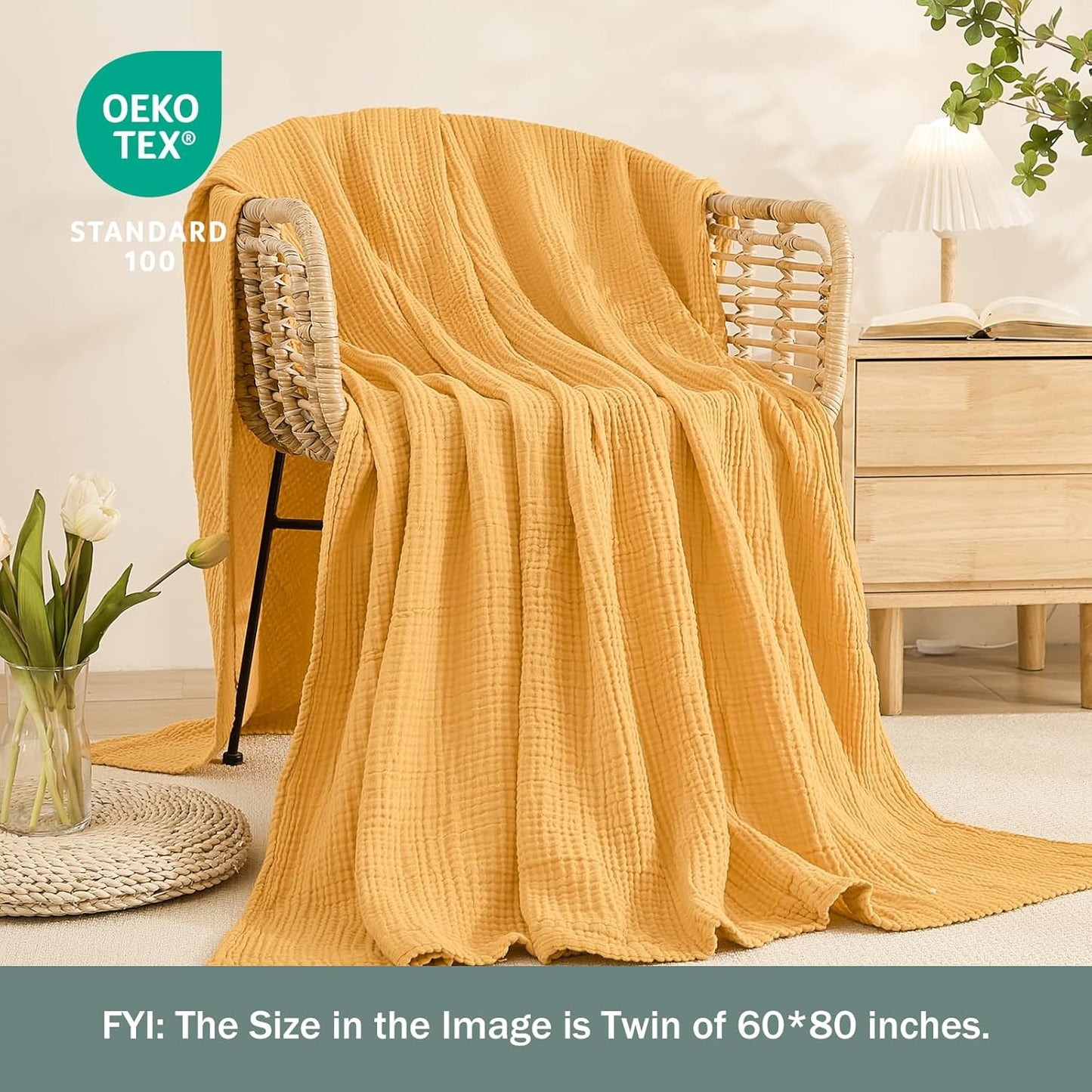 Cotton Muslin Queen Blanket Bed Layering Bedspread Coverlet Breathable Gauze Soft Lightweight Adults (Heather Yellow, 90"x90")