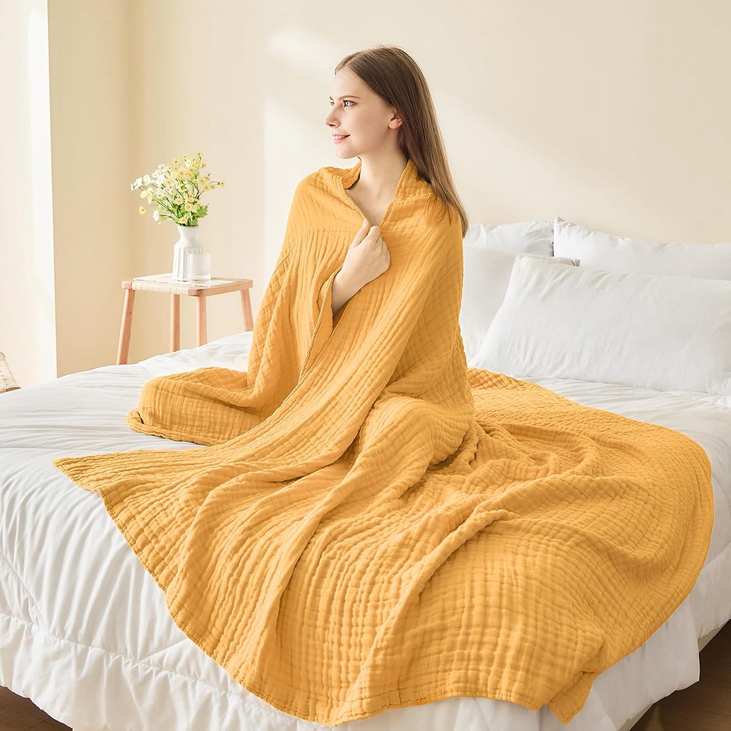 Cotton Muslin Queen Blanket Bed Layering Bedspread Coverlet Breathable Gauze Soft Lightweight Adults (Heather Yellow, 90"x90")