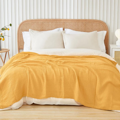 Cotton Muslin Queen Blanket Bed Layering Bedspread Coverlet Breathable Gauze Soft Lightweight Adults (Heather Yellow, 90"x90")
