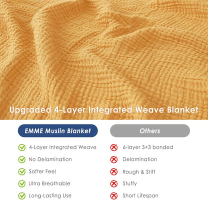 Cotton Muslin Queen Blanket Bed Layering Bedspread Coverlet Breathable Gauze Soft Lightweight Adults (Heather Yellow, 90"x90")