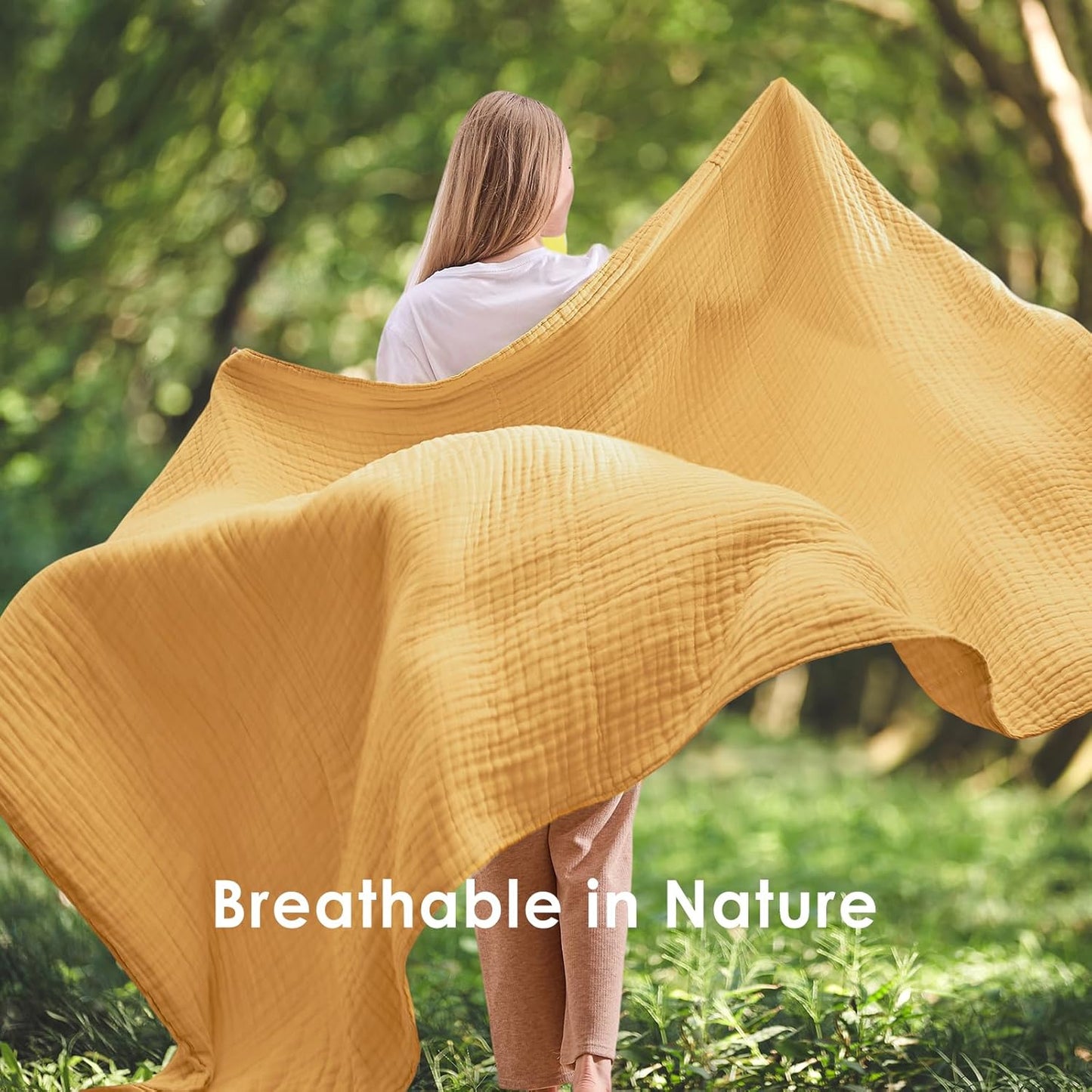 Cotton Muslin Queen Blanket Bed Layering Bedspread Coverlet Breathable Gauze Soft Lightweight Adults (Heather Yellow, 90"x90")
