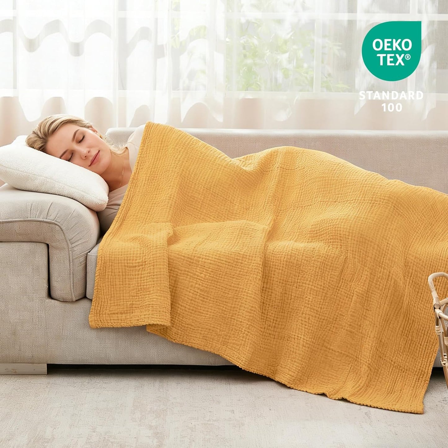 Cotton Muslin Queen Blanket Bed Layering Bedspread Coverlet Breathable Gauze Soft Lightweight Adults (Heather Yellow, 90"x90")