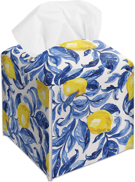 Watercolour Lemons Decorative Square Leather Tissue Box Cover - Tissue Holder Gifts for Women Family and Friends on Birthday Housewarming Home Decor Decorative for Bathroom Kitchen Office Car - A06