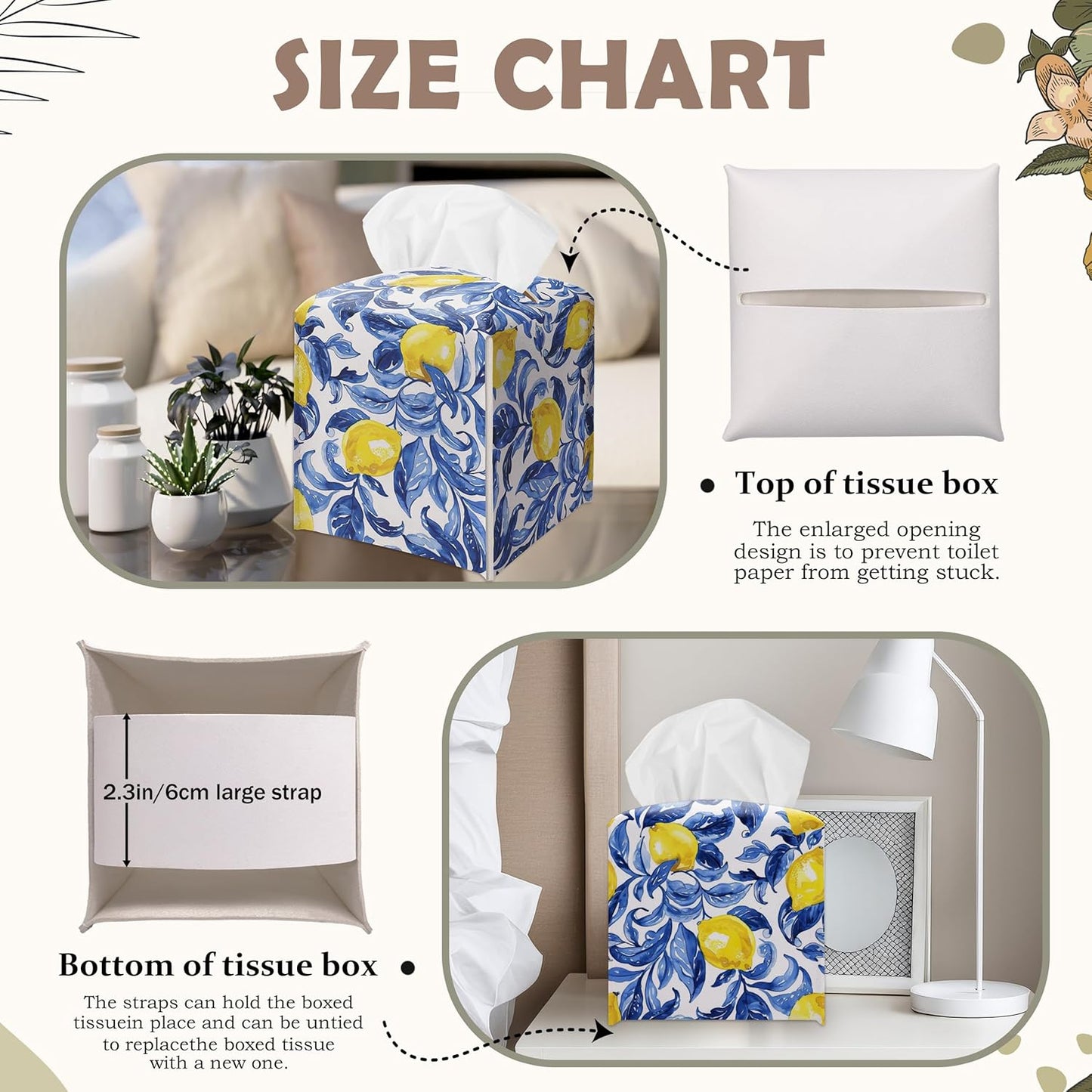 Watercolour Lemons Decorative Square Leather Tissue Box Cover - Tissue Holder Gifts for Women Family and Friends on Birthday Housewarming Home Decor Decorative for Bathroom Kitchen Office Car - A06