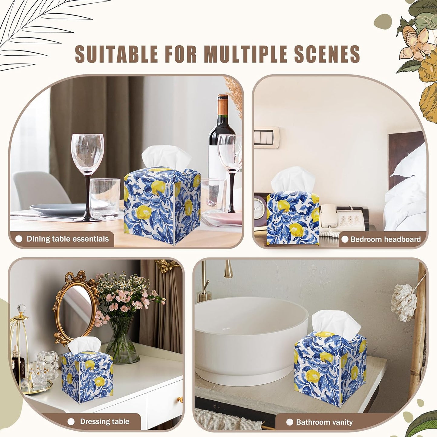 Watercolour Lemons Decorative Square Leather Tissue Box Cover - Tissue Holder Gifts for Women Family and Friends on Birthday Housewarming Home Decor Decorative for Bathroom Kitchen Office Car - A06