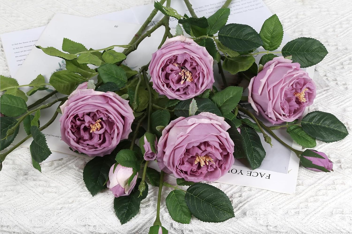 Real Touch Austin Roses Peonies Artificial Flowers 4 Bouquets Latex Fake Peonies with Long Stem Realistic Faux Peonies Flower for Wedding Party Home Table Centerpieces Decorations (Champagne)