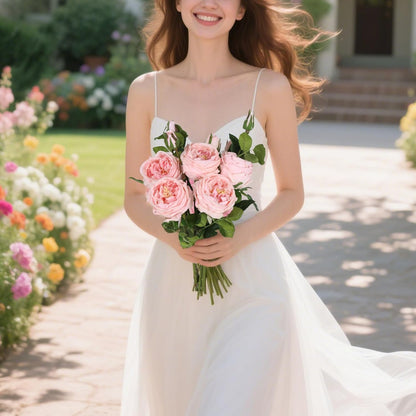 Real Touch Austin Roses Peonies Artificial Flowers 4 Bouquets Latex Fake Peonies with Long Stem Realistic Faux Peonies Flower for Wedding Party Home Table Centerpieces Decorations (Champagne)
